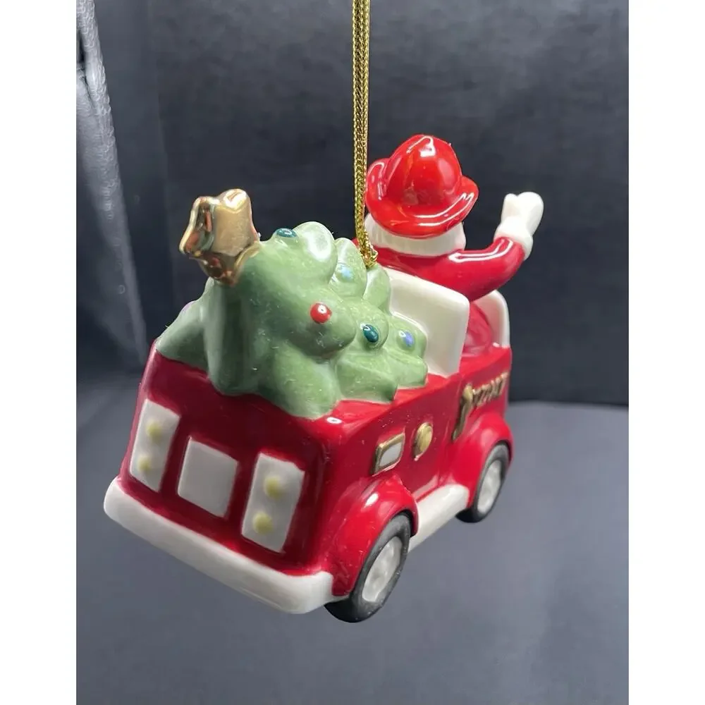 Lenox Santa in Fire Truck Christmas Ornament. Porcelain New Opened For Pics Only